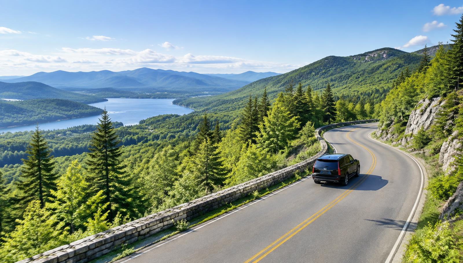 Luxury SUV traveling through Vermont's Green Mountains